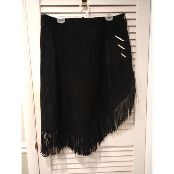 VTG Lariat Leather Skirt Womens Sz M Black Suede Leather Fringe Western USA MADE - Picture 1 of 6